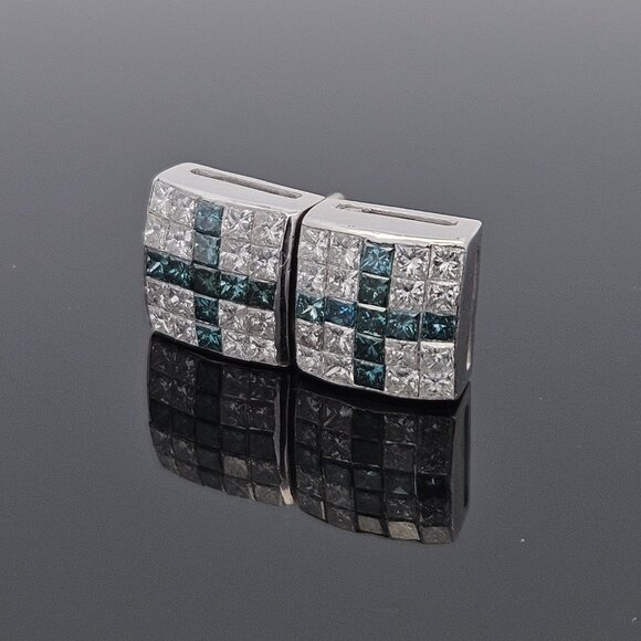 14K White Gold Blue Diamond Cross Princess Stud Earrings 1.50TCW 4.13 Grams - Picture 9 of 16